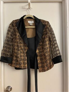 J.R. Nites Gold & Black Patterned Satin Blazer